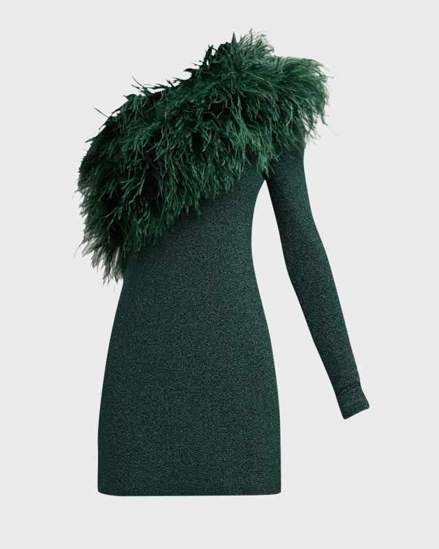 Feather-Trim Textured Metallic Jersey One-Shoulder Mini Dress